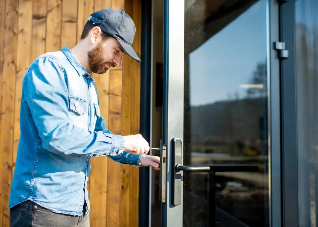 Emergency locksmith repairing a door lock